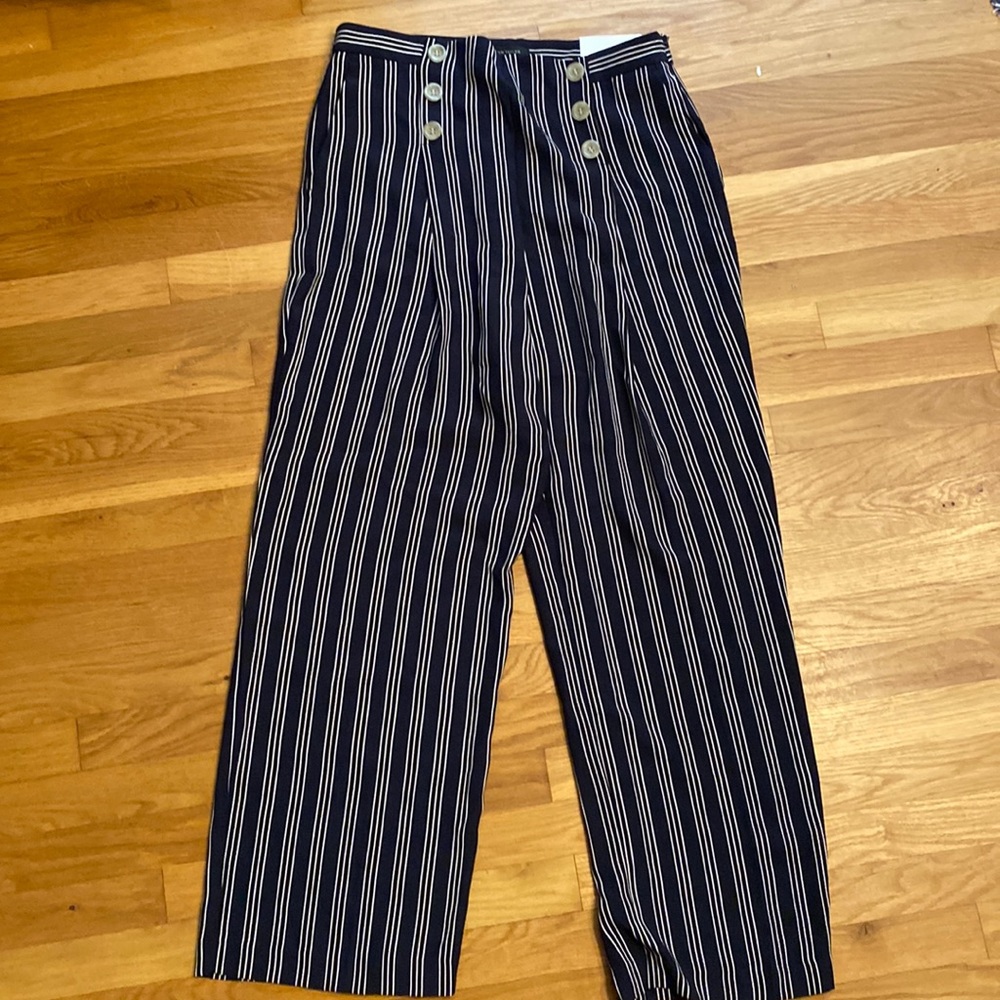 NWT Ann Taylor Size 12 Navy blue and white stripe nautical wide leg high rise